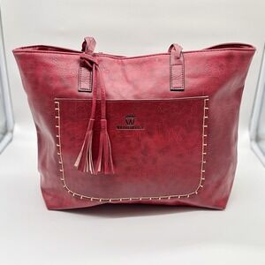 Weimeibaige Burgundy Vegan Leather Tote Bag Whipstitch Tassel Front Pocket Large